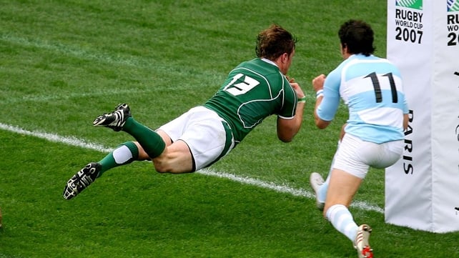 The Leinster centre goes over for a try against Argentina during the 2007 World Cup in France