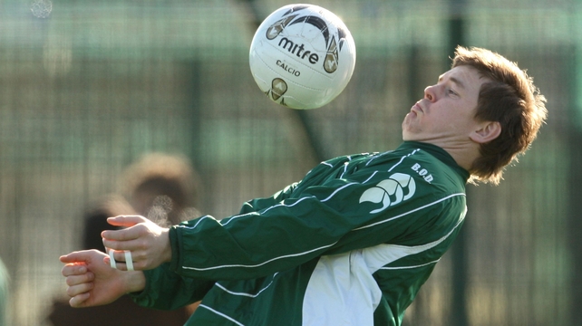 Practising his soccer skills during an Ireland training session in 2008