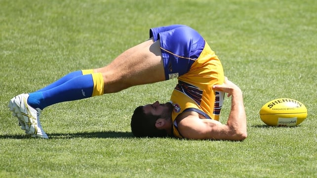 Jack Darling of the Eagles stretches during a West Coast Eagles AFL training session at Patersons Stadium