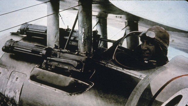 American flying ace Eddie Rickenbacker (1890 - 1973) sits in his Nieuport 28 fighter plane. Dubbed America's 'Ace of Aces,' he had 26 victories in battle and was part of the first all-American air unit to see combat in WWI