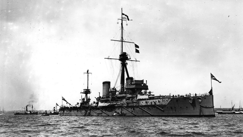 British battleship the HMS Dreadnought at sea in 1909