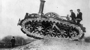 Tanks used in WWI were descendants of vehicles like this early caterpillar-track farm machine, built by Rustin and Hornsby of Lincoln and used in England