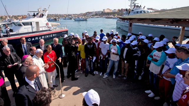 He delivers a speech to migrants during his visit to the island of Lampedusa