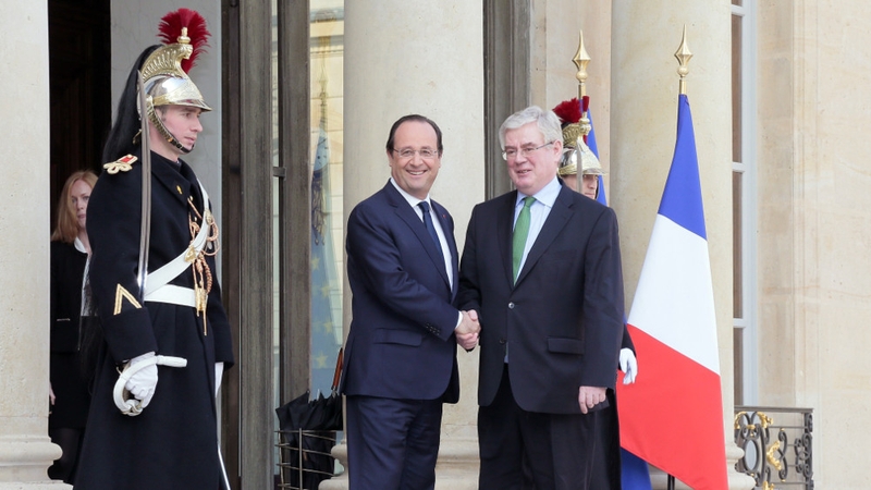 Francois Hollande shakes hands with Eamon Gilmore after a meeting at the Elysee Palace