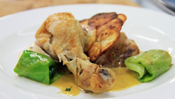 Tarragon chicken with savoy cabbage parcels and po