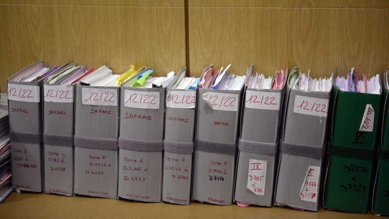 Files in the courtroom during the trial of former Rwandan army captain Pascal Simbikangwa