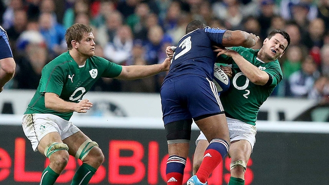 Johnny Sexton had to be replaced after this collision with France's Mathieu Bastareaud
