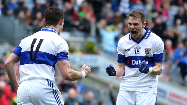 Diarmuid Connolly celebrates scoring his second goal with Tomás Quinn