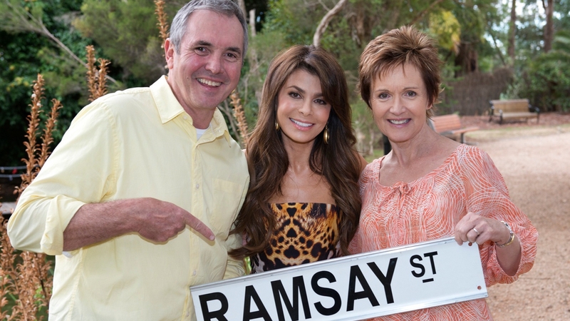 Paula Abdul on the set of Neighbours with Alan Fletcher and Jackie Woodburne