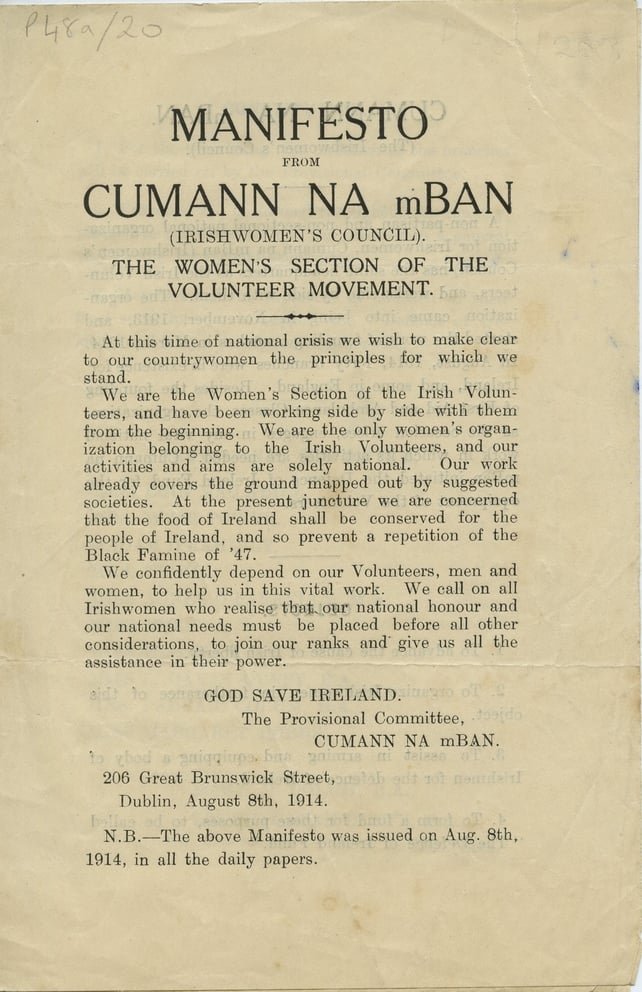 This manifesto from August 1914 sets out the goals of Cumann na mBan (Pic: Mary MacSwiney Papers, UCD Archives)