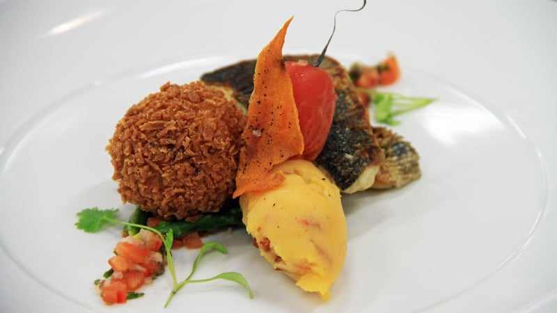 Pan seared seabass, chorizo pomme puree, beurre blanc bonbon, tomato and caper salsa: MasterChef