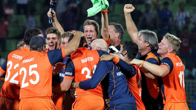 Netherlands players celebrate their stunning victory over Ireland at the Twenty20 World Cup in Bangladesh