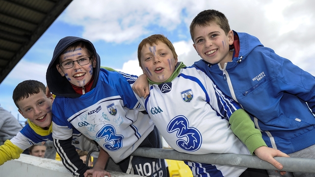 Waterford fans Nathan Monaghan, Alex Shanahan, James O'Calaghan and Paul Sheehan at their team's game against kilkenny