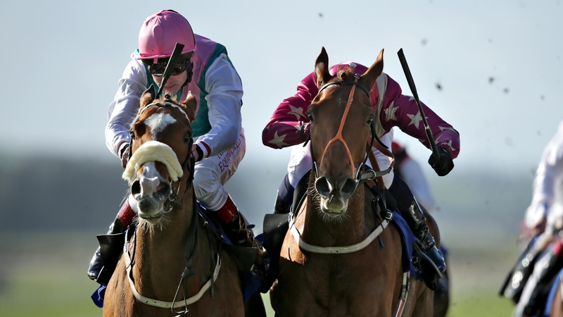 Pat Smullen on Vote Often, left, holds off Daniel Tudhope on Odeliz to win the Lodge Park Stud European Breeders Fund Park Express Stakes