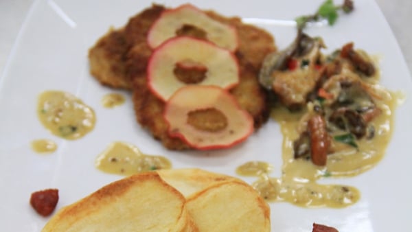 Pork Schnitzel, Potato Puffs, cauliflower puree, c