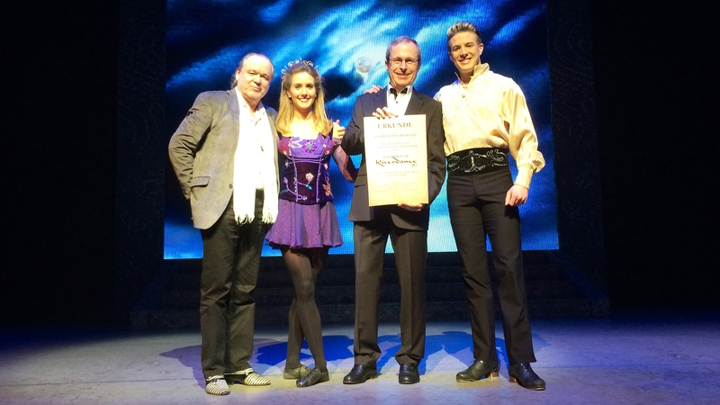 (l-r) Riverdance's promoter in Germany, Hermjo Klein; lead dancer Chloey Turner, winner Andreas Eschemann and lead dancer James Greenan