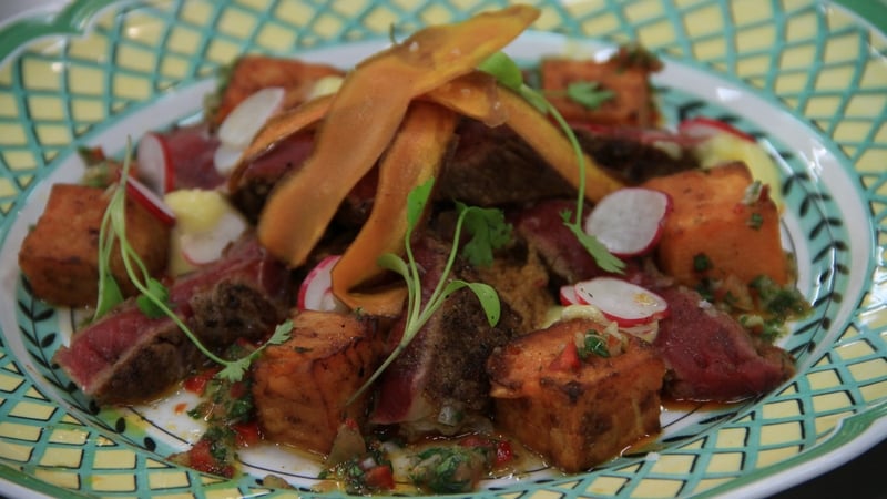 Mexican Seared Beef on Peanut & Tequila Sauce, Sweet Potatoes