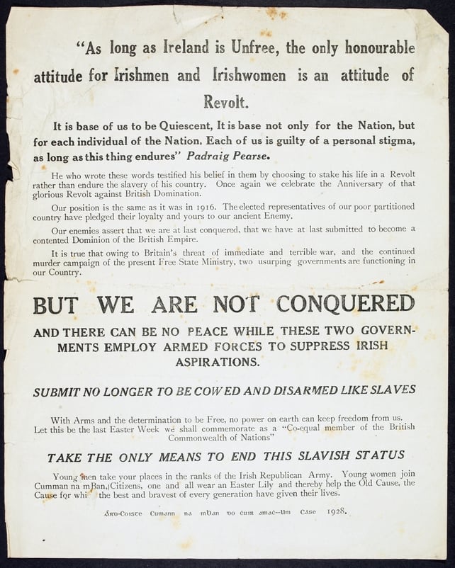 An advertisement from 1928, calling on men to join the IRA and women to join Cumann na mBan (Courtesy of the National Library of Ireland)