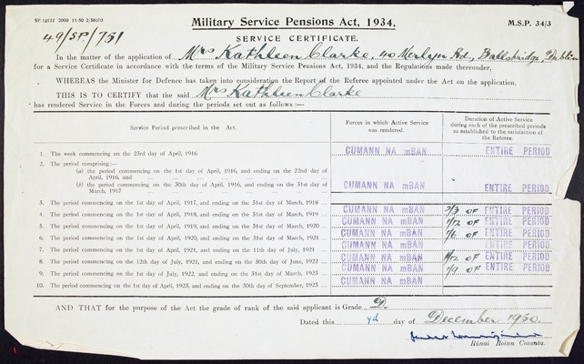 Pension records for prominent Cumann na mBan member Kathleen Clarke, showing her military service record, including that she served in the 1916 Rising (Courtesy of the National Library of Ireland)