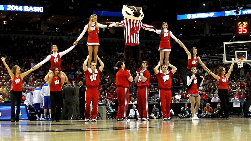 Wisconsin Badgers mascot Bucky Badger performs with cheerleaders in Milwaukee