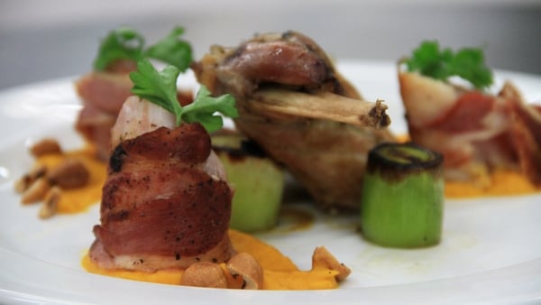 Rabbit legs braised in cider, bacon wrapped loin,