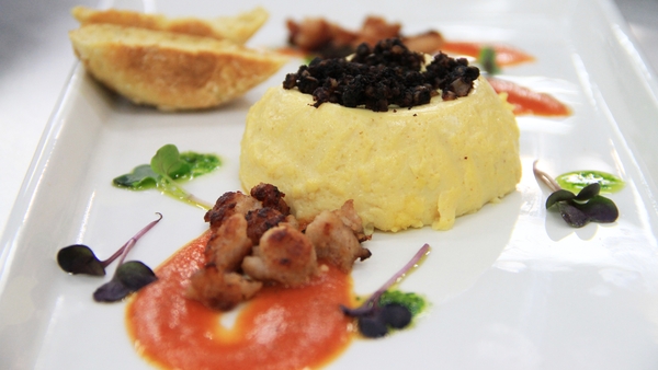 Bacon and egg custard with black pudding crumb, cr