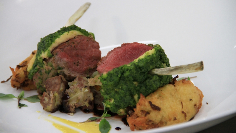 Herb Crusted Loin of Connemara Hill Lamb, Irish Stew, Celariac Puree and Colcannon Dauphine: MasterChef