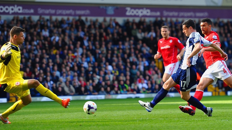 Graham Dorrans scores West Brom's second goal past Cardiff 'keeper David Marshall