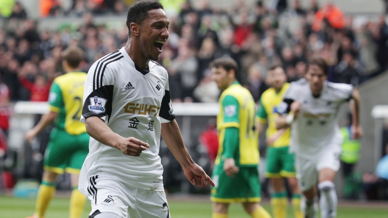 Jonathan de Guzman celebrates opening the scoring for Swansea