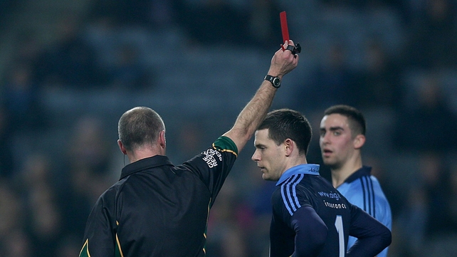 Dublin goalkeeper Stephen Cluxton is sent off by referee Cormac Reilly