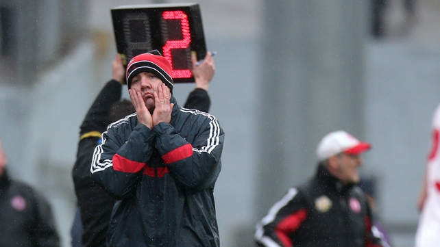 Cork manager Brian Cuthbert reacts near the end of the game with Tyrone