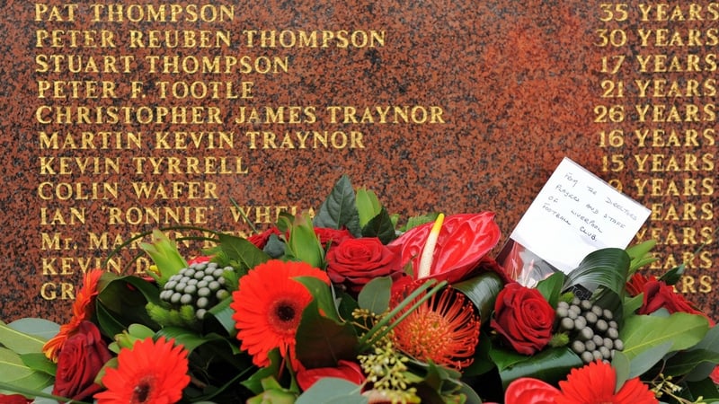 The names of the 96 victims are on a memorial outside Liverpool's Anfield stadium