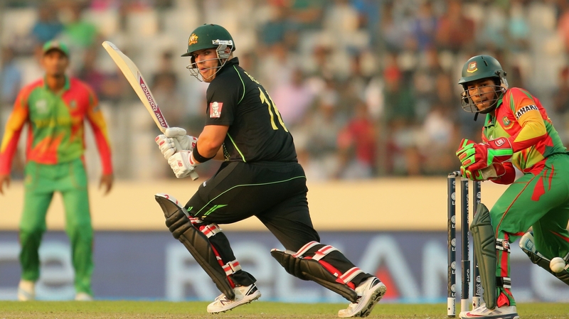 Aaron Finch hits a boundary for Australia against Bangladesh