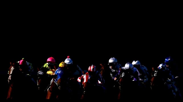 Horses travel around the 400m mark in race seven at Moonee Valley Racecourse, Melbourne, Australia