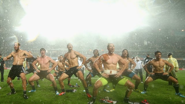 The New Zealand team perform the Haka after winning the 2014 Hong Kong Sevens final against England