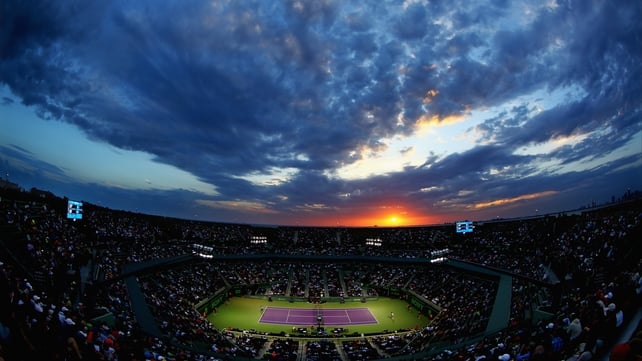 The sun sets over centre court during the Sony Open at Crandon Park Tennis Center, Florida