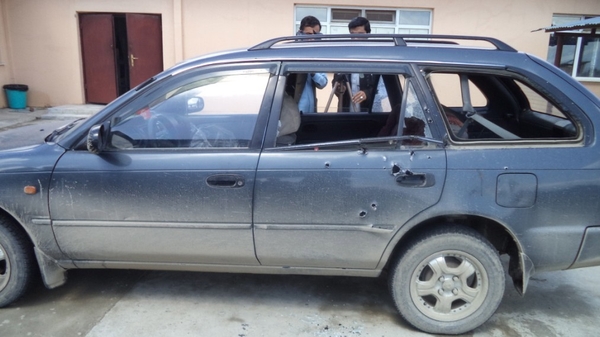 The bullet-ridden vehicle that was transporting the journalists in Khost, Afghanistan