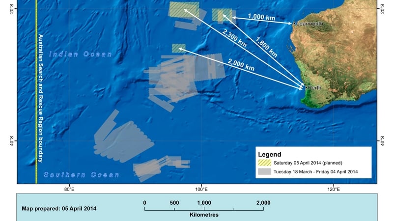 A handout from the Australian Maritime Safety Authority shows the main search areas (Pic: EPA)