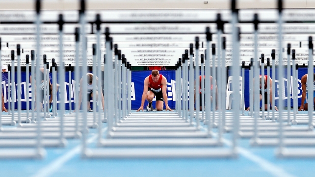 Brett Watton of Queensland gets set to run in the 110m hurdles during the Australian Athletics Championships at Olympic Park in Melbourne