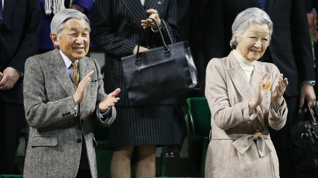 Emperor Akihito and Empress Michiko attend the Davis Cup quarter-final between Japan and the Czech Republic in Tokyo