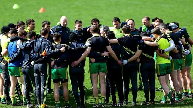 Donegal players in a huddle prior to their Division 2 match against Armagh at the Athletic Grounds