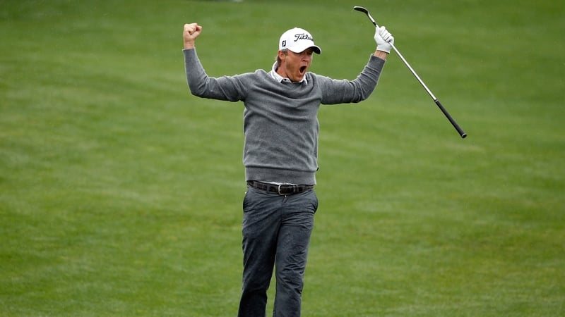 Matt Jones celebrates after making a birdie on the 18th at the Golf Club of Houston in Humble