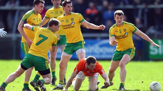 Armagh's Finnian Moriarty is surrounded by Donegal players at the Athletic Grounds