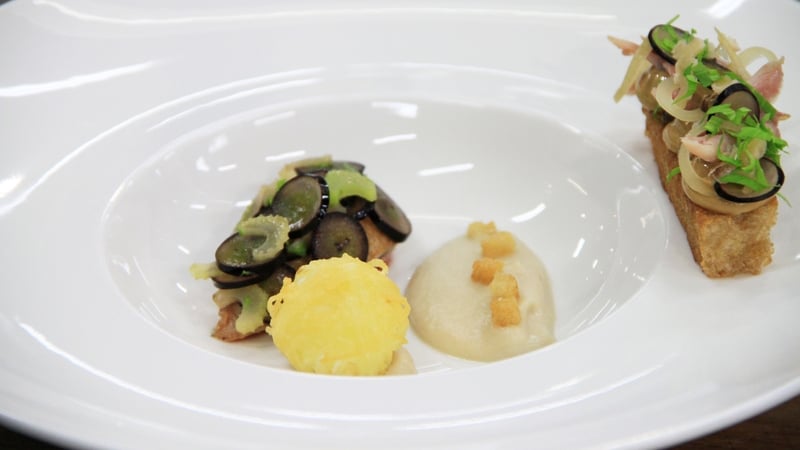 Roast quail, shallot puree, grapes, celery and sour dough: MasterChef