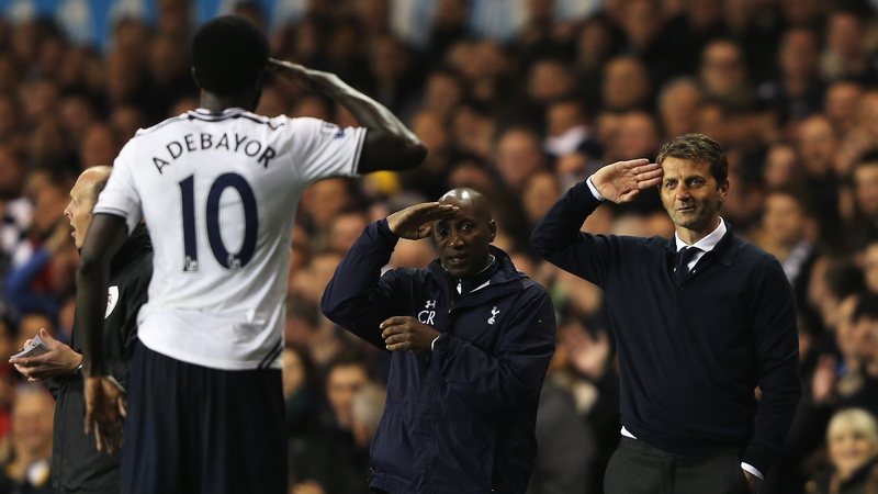 Emmanuel Adebayor celebrates scoring his second goal with Tim Sherwood