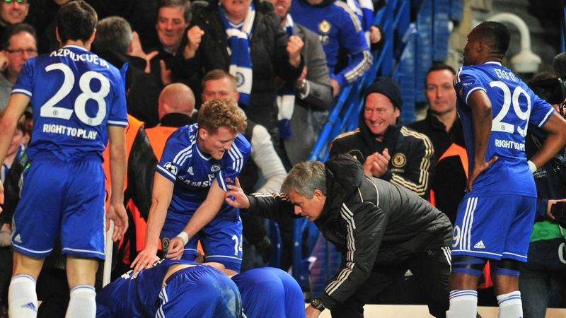 Jose Mourinho instructing his Chelsea players after their second goal last night