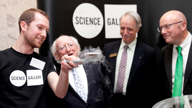The President is shown a quantum locking demo by Dr Joseph Roche, astrophysicist at Trinity College’s Science Gallery
