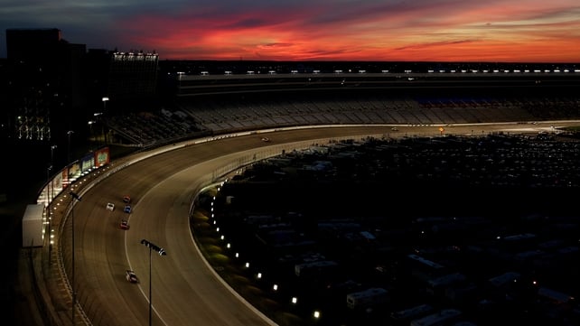 Cars race through turn 1 during the NASCAR Nationwide Series in Fort Worth, Texas