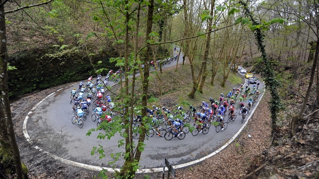The peloton climb the Lizaieta hill in Etxalar during the second stage of the Tour of the Basque Country