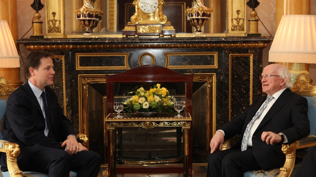 Deputy PM Nick Clegg chats with President Higgins at Buckingham Palace